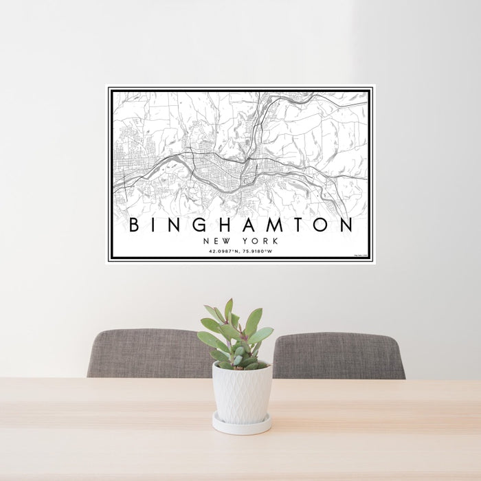24x36 Binghamton New York Map Print Landscape Orientation in Classic Style Behind 2 Chairs Table and Potted Plant