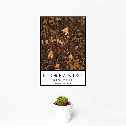 12x18 Binghamton New York Map Print Portrait Orientation in Ember Style With Small Cactus Plant in White Planter