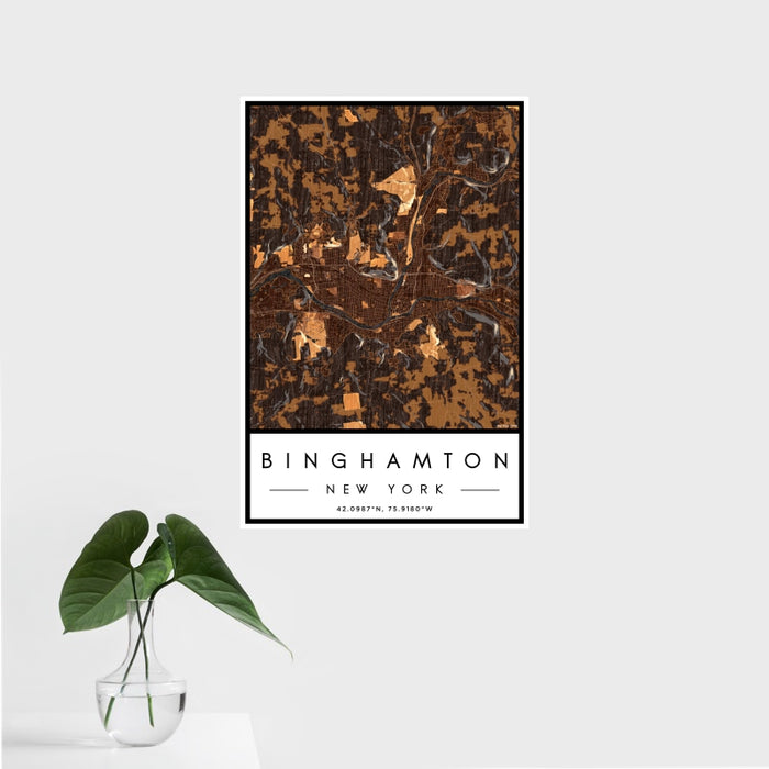 16x24 Binghamton New York Map Print Portrait Orientation in Ember Style With Tropical Plant Leaves in Water