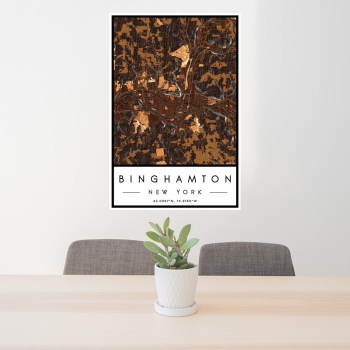 24x36 Binghamton New York Map Print Portrait Orientation in Ember Style Behind 2 Chairs Table and Potted Plant
