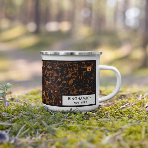 Right View Custom Binghamton New York Map Enamel Mug in Ember on Grass With Trees in Background