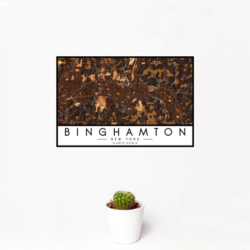 12x18 Binghamton New York Map Print Landscape Orientation in Ember Style With Small Cactus Plant in White Planter