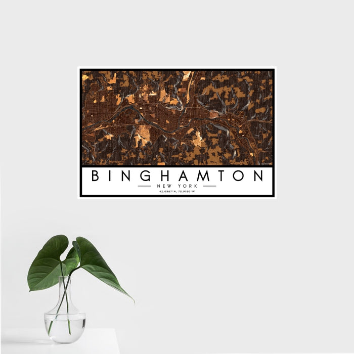 16x24 Binghamton New York Map Print Landscape Orientation in Ember Style With Tropical Plant Leaves in Water