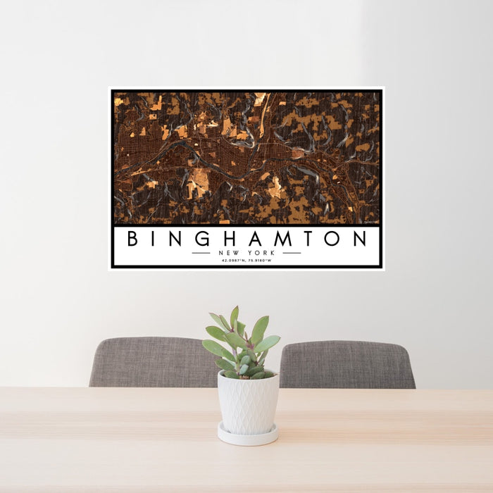 24x36 Binghamton New York Map Print Landscape Orientation in Ember Style Behind 2 Chairs Table and Potted Plant