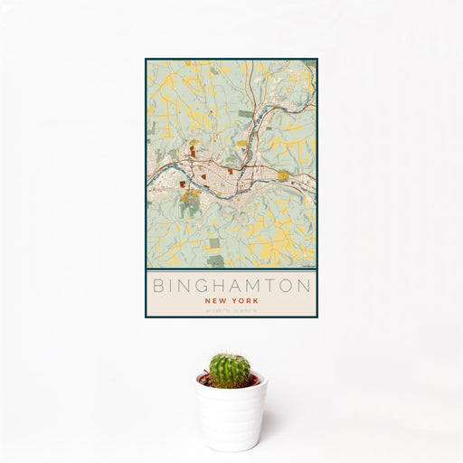 12x18 Binghamton New York Map Print Portrait Orientation in Woodblock Style With Small Cactus Plant in White Planter