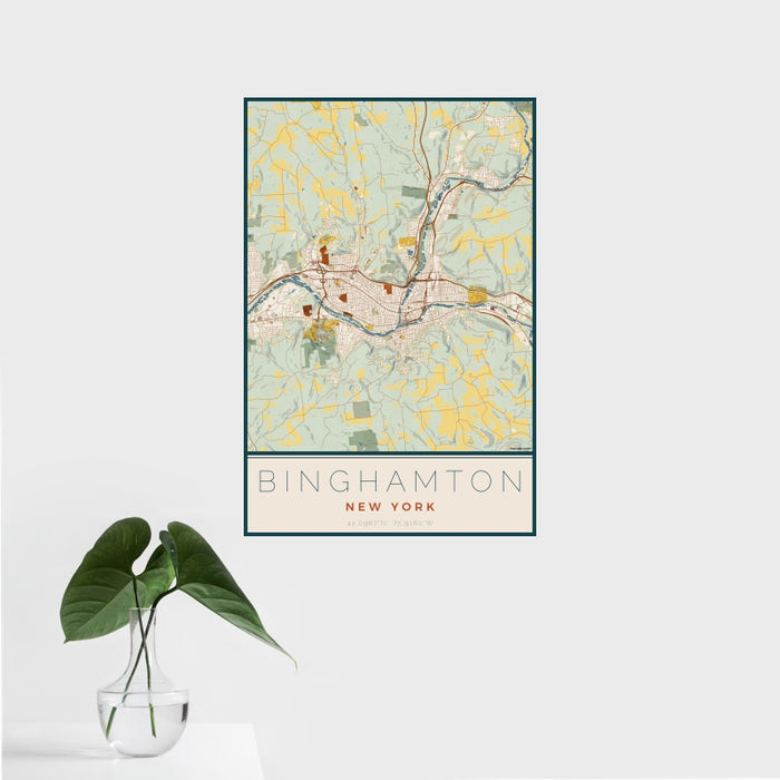 16x24 Binghamton New York Map Print Portrait Orientation in Woodblock Style With Tropical Plant Leaves in Water