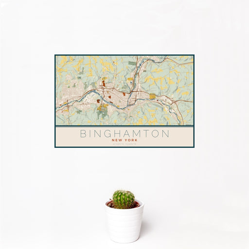12x18 Binghamton New York Map Print Landscape Orientation in Woodblock Style With Small Cactus Plant in White Planter