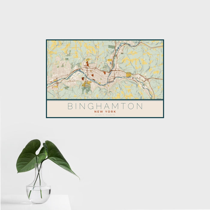 16x24 Binghamton New York Map Print Landscape Orientation in Woodblock Style With Tropical Plant Leaves in Water