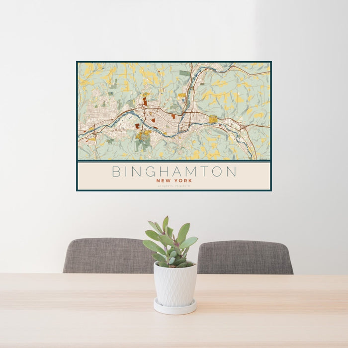 24x36 Binghamton New York Map Print Landscape Orientation in Woodblock Style Behind 2 Chairs Table and Potted Plant