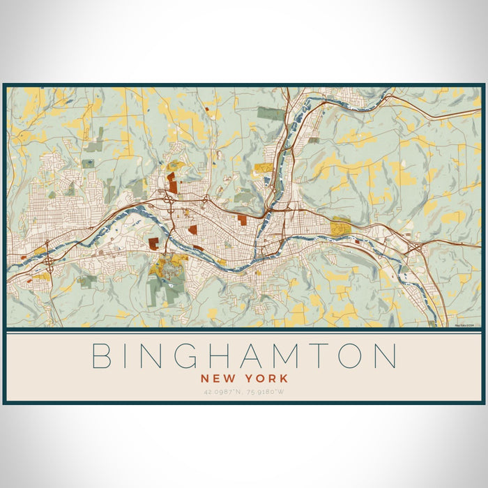 Binghamton New York Map Print Landscape Orientation in Woodblock Style With Shaded Background