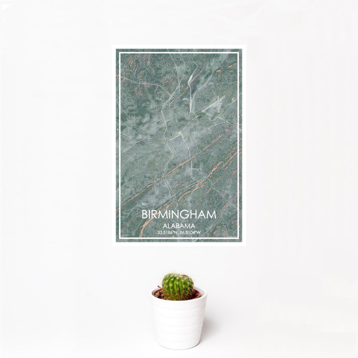 12x18 Birmingham Alabama Map Print Portrait Orientation in Afternoon Style With Small Cactus Plant in White Planter