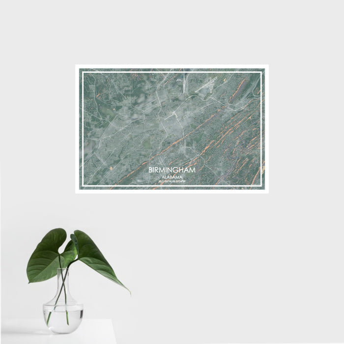 16x24 Birmingham Alabama Map Print Landscape Orientation in Afternoon Style With Tropical Plant Leaves in Water