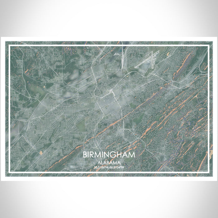 Birmingham Alabama Map Print Landscape Orientation in Afternoon Style With Shaded Background