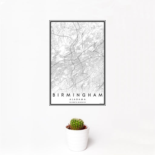 12x18 Birmingham Alabama Map Print Portrait Orientation in Classic Style With Small Cactus Plant in White Planter