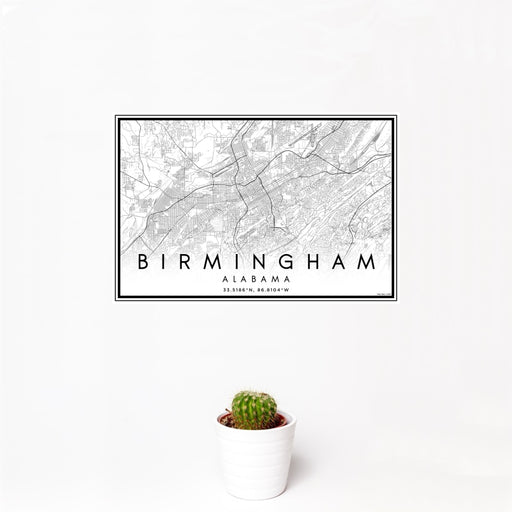 12x18 Birmingham Alabama Map Print Landscape Orientation in Classic Style With Small Cactus Plant in White Planter