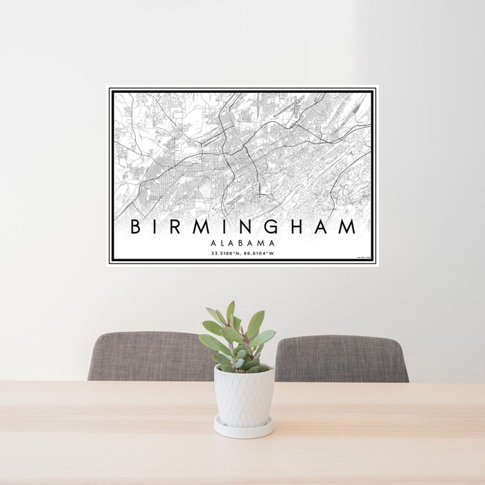 24x36 Birmingham Alabama Map Print Landscape Orientation in Classic Style Behind 2 Chairs Table and Potted Plant