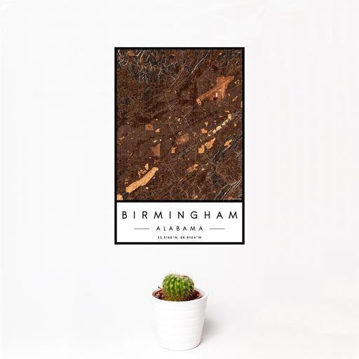 12x18 Birmingham Alabama Map Print Portrait Orientation in Ember Style With Small Cactus Plant in White Planter