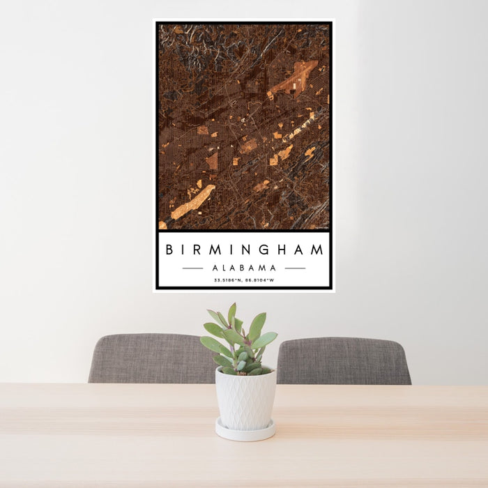 24x36 Birmingham Alabama Map Print Portrait Orientation in Ember Style Behind 2 Chairs Table and Potted Plant
