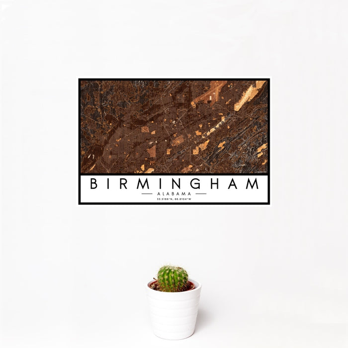 12x18 Birmingham Alabama Map Print Landscape Orientation in Ember Style With Small Cactus Plant in White Planter