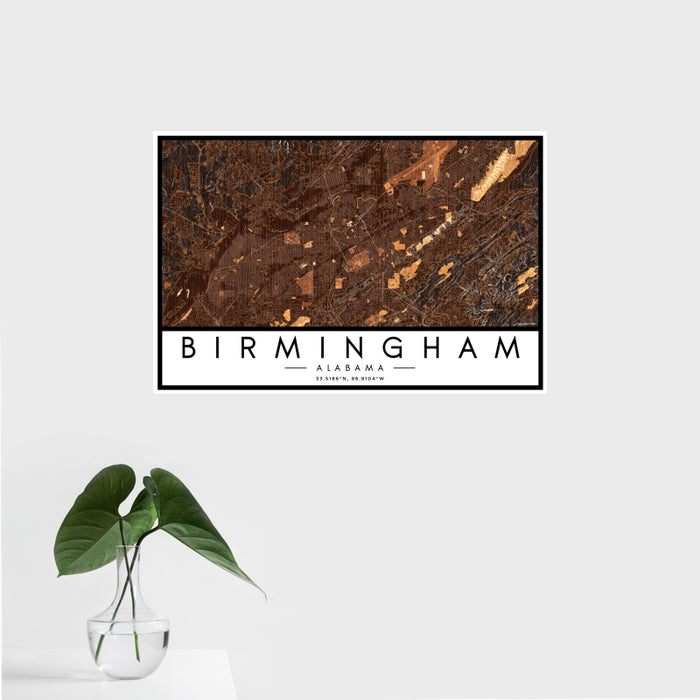 16x24 Birmingham Alabama Map Print Landscape Orientation in Ember Style With Tropical Plant Leaves in Water
