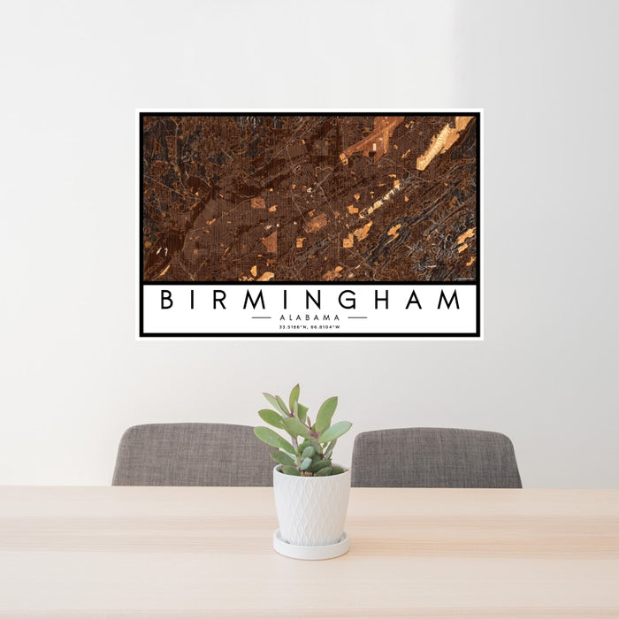 24x36 Birmingham Alabama Map Print Landscape Orientation in Ember Style Behind 2 Chairs Table and Potted Plant
