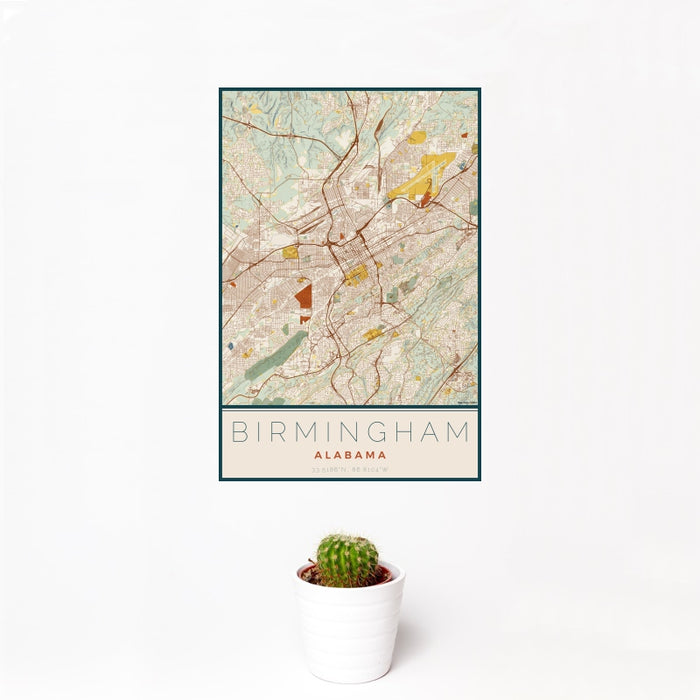 12x18 Birmingham Alabama Map Print Portrait Orientation in Woodblock Style With Small Cactus Plant in White Planter