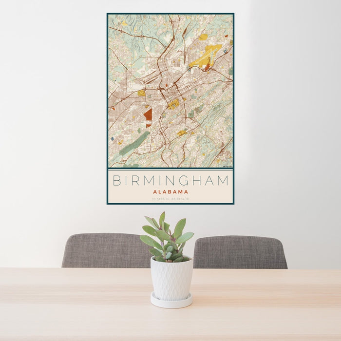24x36 Birmingham Alabama Map Print Portrait Orientation in Woodblock Style Behind 2 Chairs Table and Potted Plant