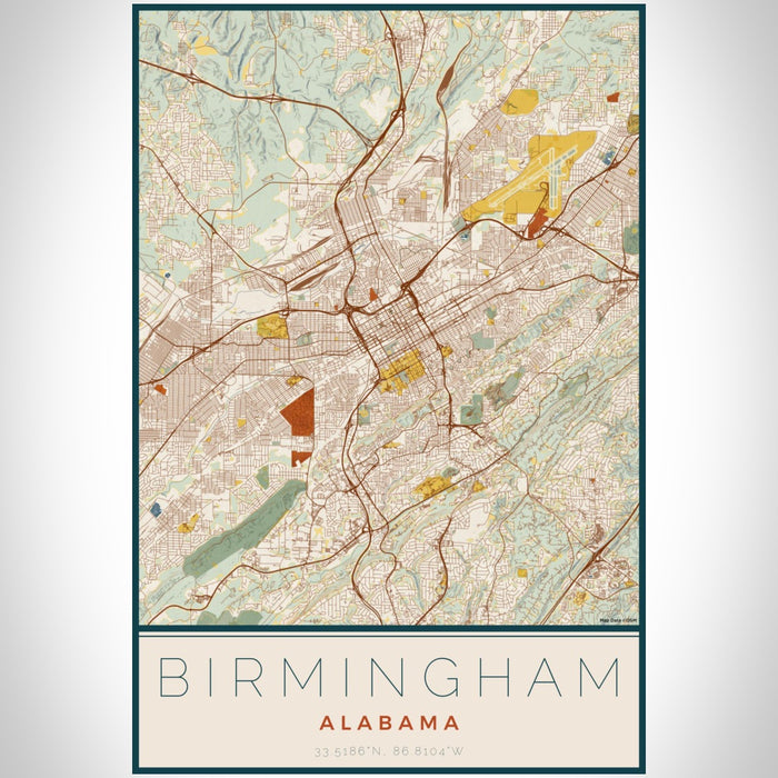 Birmingham Alabama Map Print Portrait Orientation in Woodblock Style With Shaded Background