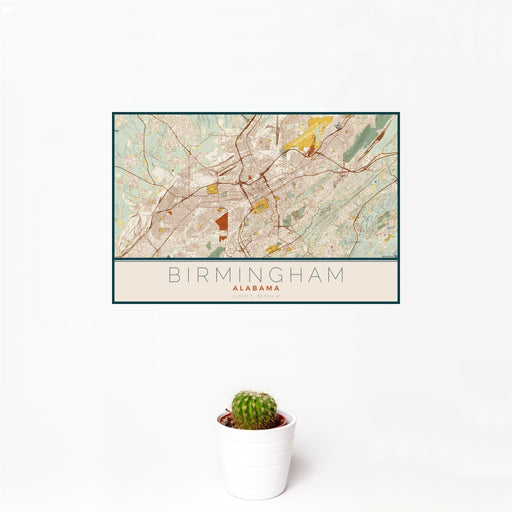 12x18 Birmingham Alabama Map Print Landscape Orientation in Woodblock Style With Small Cactus Plant in White Planter