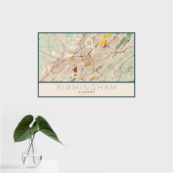 16x24 Birmingham Alabama Map Print Landscape Orientation in Woodblock Style With Tropical Plant Leaves in Water