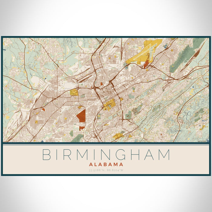 Birmingham Alabama Map Print Landscape Orientation in Woodblock Style With Shaded Background