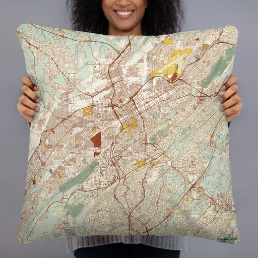 Person holding 22x22 Custom Birmingham Alabama Map Throw Pillow in Woodblock