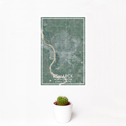 12x18 Bismarck North Dakota Map Print Portrait Orientation in Afternoon Style With Small Cactus Plant in White Planter