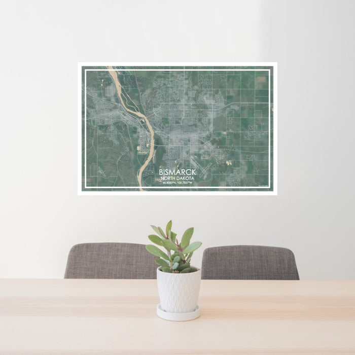 24x36 Bismarck North Dakota Map Print Lanscape Orientation in Afternoon Style Behind 2 Chairs Table and Potted Plant