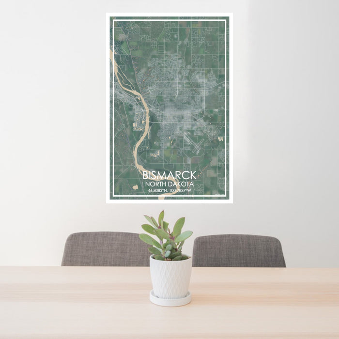 24x36 Bismarck North Dakota Map Print Portrait Orientation in Afternoon Style Behind 2 Chairs Table and Potted Plant