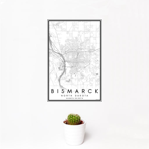 12x18 Bismarck North Dakota Map Print Portrait Orientation in Classic Style With Small Cactus Plant in White Planter