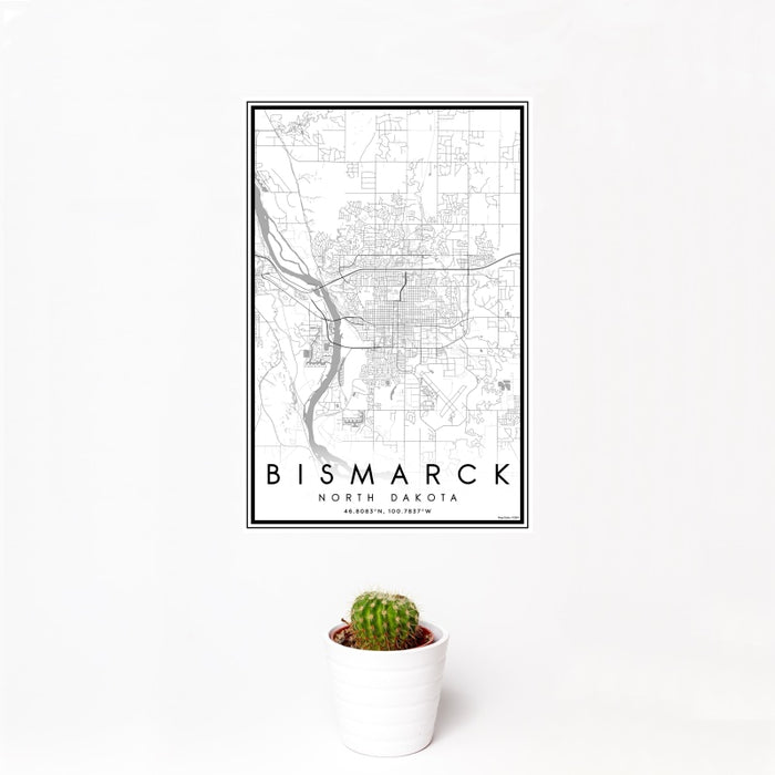 12x18 Bismarck North Dakota Map Print Portrait Orientation in Classic Style With Small Cactus Plant in White Planter