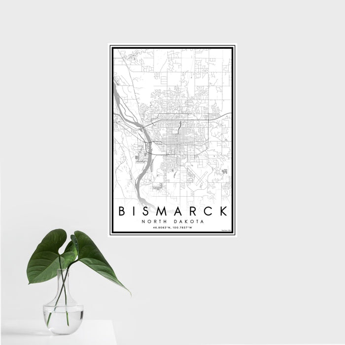 16x24 Bismarck North Dakota Map Print Portrait Orientation in Classic Style With Tropical Plant Leaves in Water