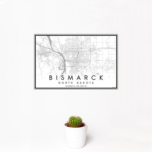 12x18 Bismarck North Dakota Map Print Landscape Orientation in Classic Style With Small Cactus Plant in White Planter