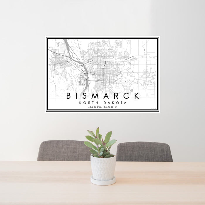 24x36 Bismarck North Dakota Map Print Landscape Orientation in Classic Style Behind 2 Chairs Table and Potted Plant