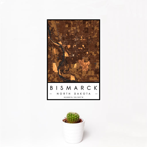12x18 Bismarck North Dakota Map Print Portrait Orientation in Ember Style With Small Cactus Plant in White Planter
