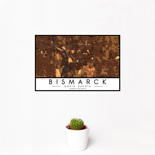 12x18 Bismarck North Dakota Map Print Landscape Orientation in Ember Style With Small Cactus Plant in White Planter