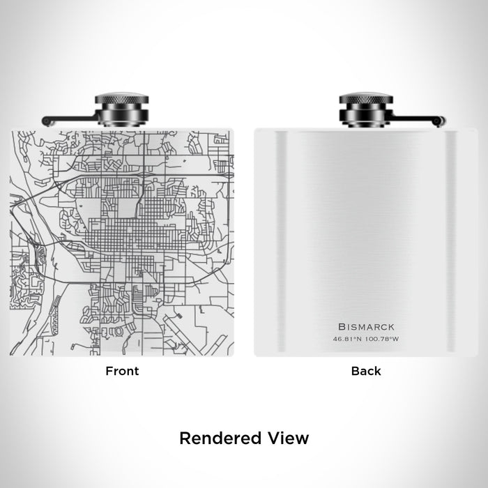 Rendered View of Bismarck North Dakota Map Engraving on 6oz Stainless Steel Flask in White
