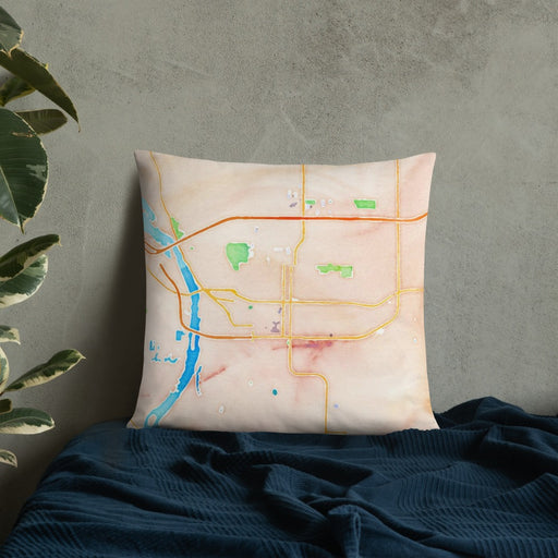 Custom Bismarck North Dakota Map Throw Pillow in Watercolor on Bedding Against Wall