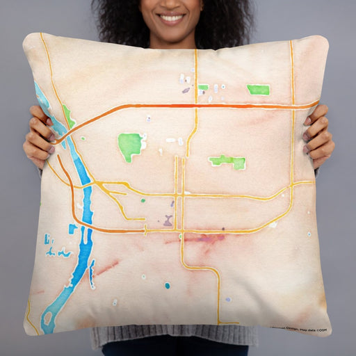 Person holding 22x22 Custom Bismarck North Dakota Map Throw Pillow in Watercolor