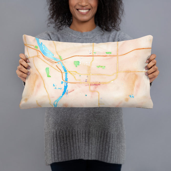 Person holding 20x12 Custom Bismarck North Dakota Map Throw Pillow in Watercolor
