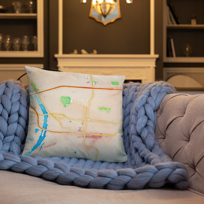 Custom Bismarck North Dakota Map Throw Pillow in Watercolor on Cream Colored Couch