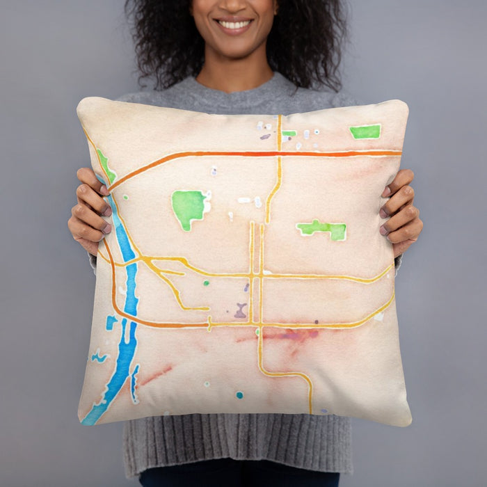 Person holding 18x18 Custom Bismarck North Dakota Map Throw Pillow in Watercolor
