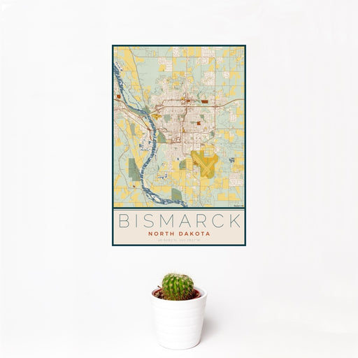 12x18 Bismarck North Dakota Map Print Portrait Orientation in Woodblock Style With Small Cactus Plant in White Planter