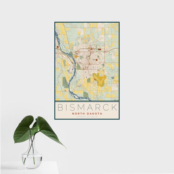 16x24 Bismarck North Dakota Map Print Portrait Orientation in Woodblock Style With Tropical Plant Leaves in Water
